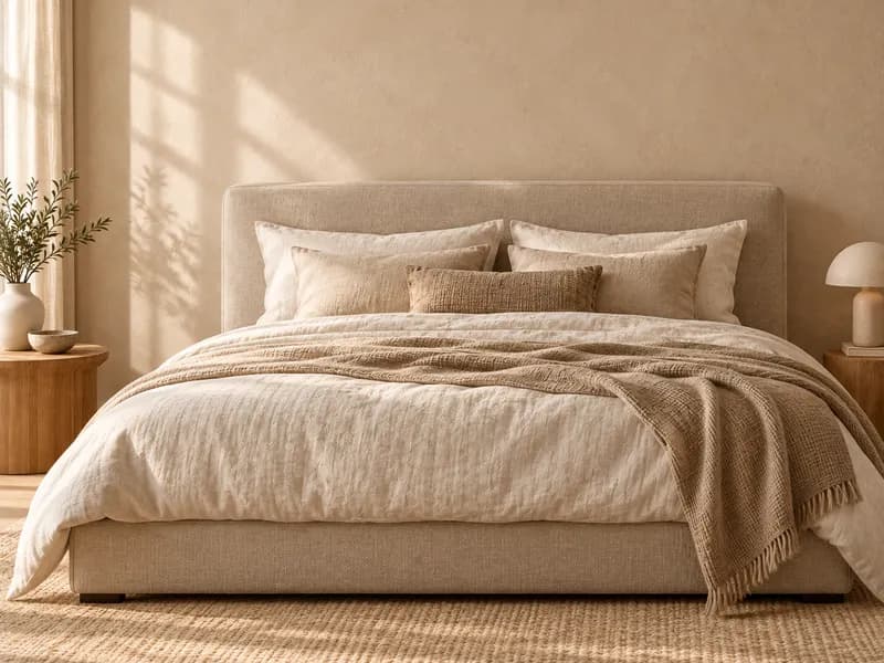 Gestoffeerd bed in naturel met linnen beddengoed en een gebreid plaid