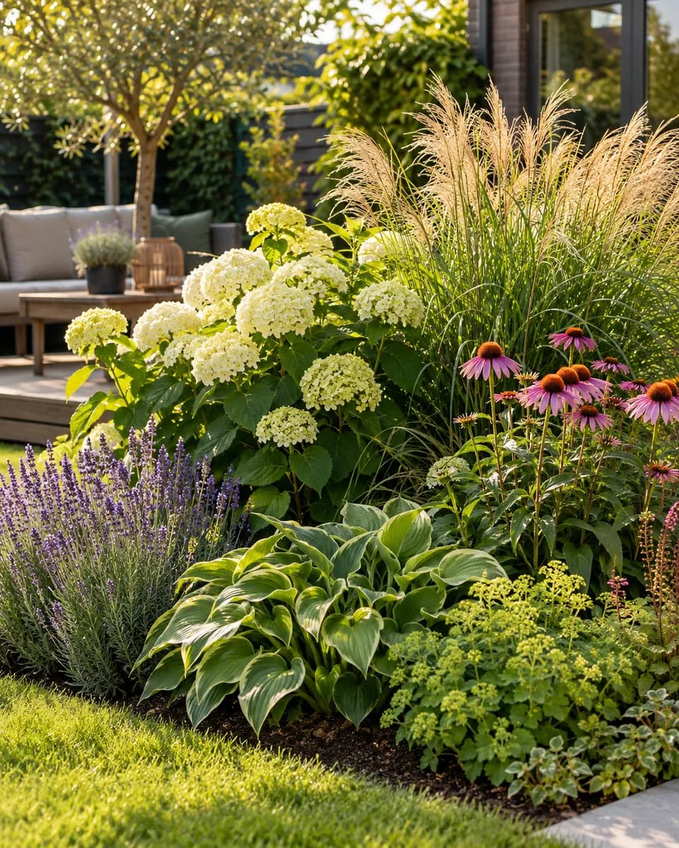 Border met hortensia's, lavendel, zonnehoed en siergrassen