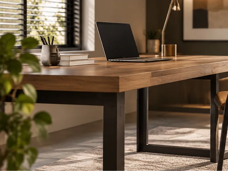 Houten bureau op een zwart stalen onderstel met een laptop en een messing bureaulamp