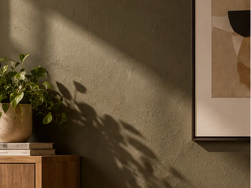 Olijfgroene muur in kalkverf met zonlicht, een plant en een ingelijst kunstwerk