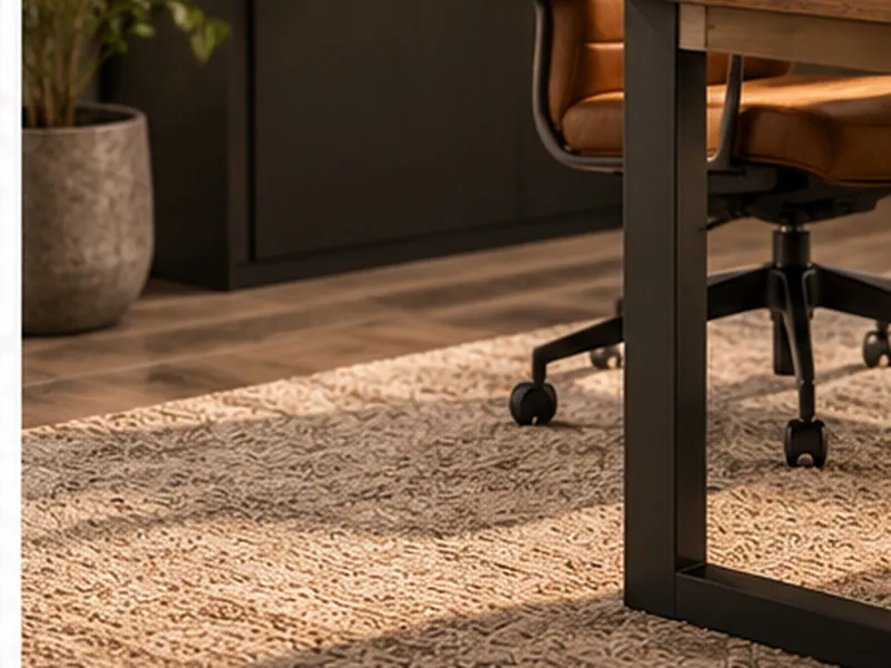 Beige geweven vloerkleed onder een bureau en een leren bureaustoel