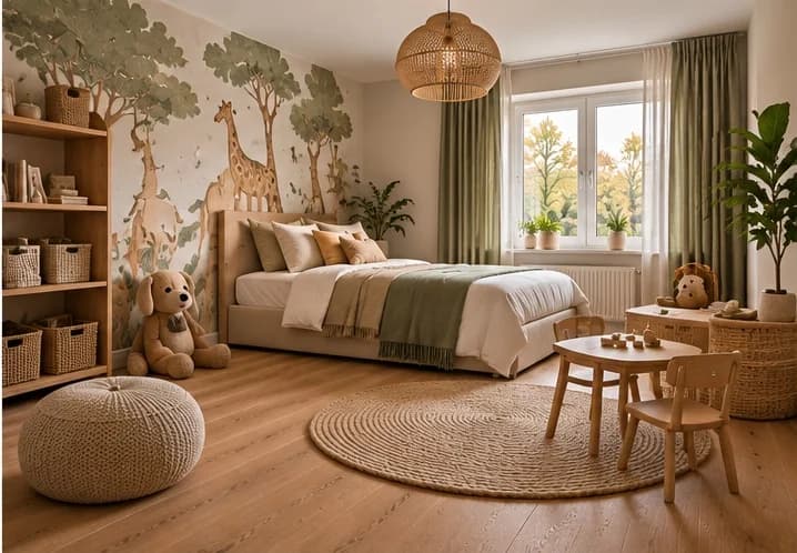 Kinderkamer met licht eiken parket, behang met giraffen en bomen, rond vloerkleed en een kindertafeltje