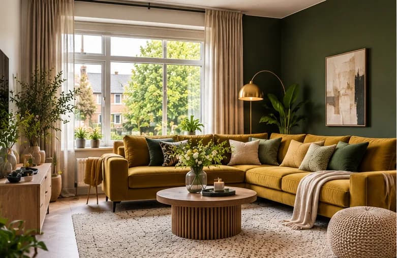 Woonkamer met donkergroene muur, okergele hoekbank, ronde houten salontafel en een booglamp bij het raam