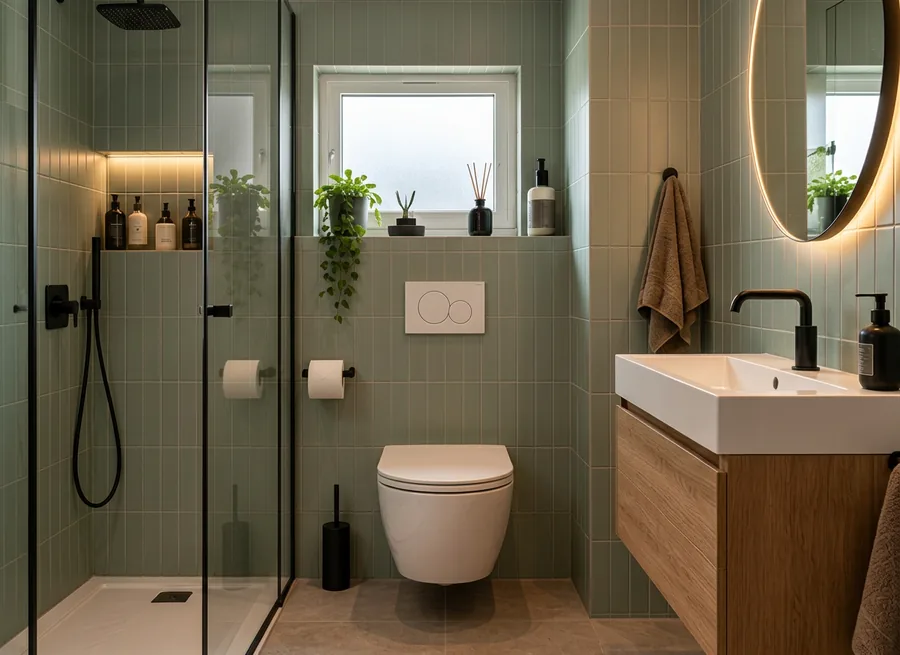 Kleine badkamer met saliegroen staaf op de wand