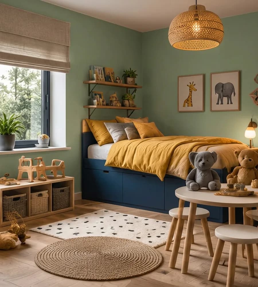 Kinderkamer met de muur in saliegroen