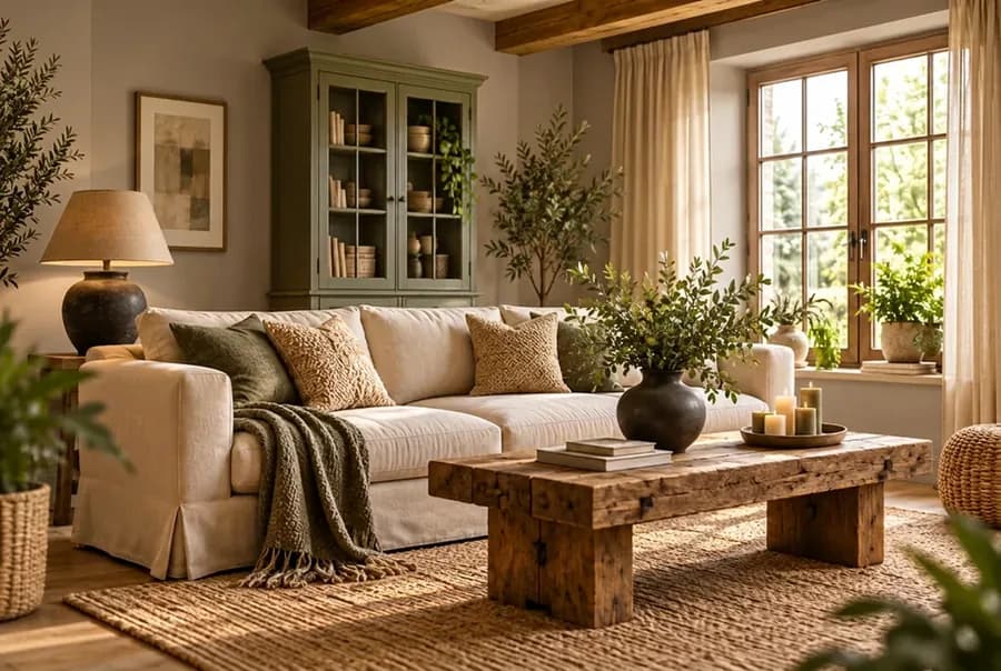 Landelijke woonkamer met de muur in taupe