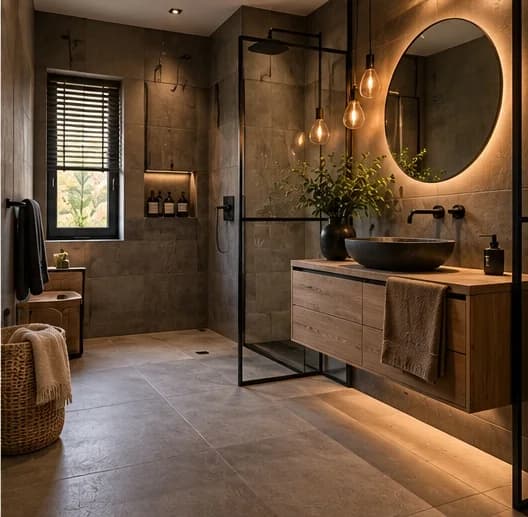 Industriële badkamer met betonlook wanden, zwart douchescherm, ronde verlichte spiegel en zwevend houten meubel