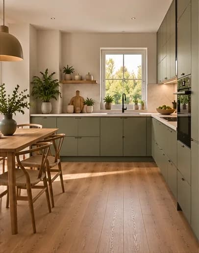 Kleine keuken met saliegroene fronten, licht eiken parket en een houten eettafel bij het raam