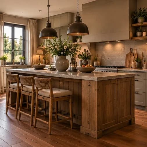 Landelijke keuken met kookeiland van houten planken, rieten barkrukken, zwarte hanglampen en houten vloer