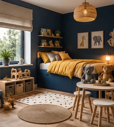 Kinderkamer met donkerblauwe muur, bed met okergeel beddengoed, wandplanken en een speelhoek