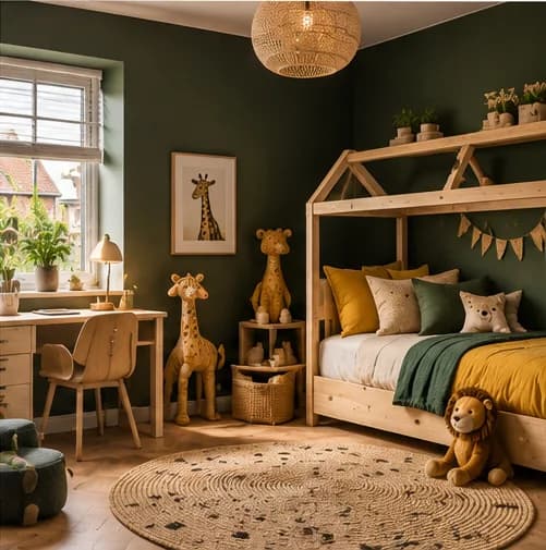 Kinderkamer met donkergroene muur, houten huisjesbed, knuffels en een rond vloerkleed
