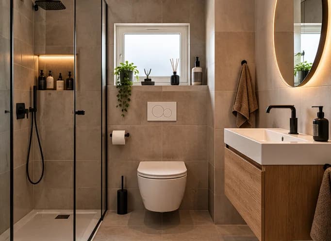 Kleine badkamer met inloopdouche, hangtoilet, zwevend houten meubel en een ronde verlichte spiegel