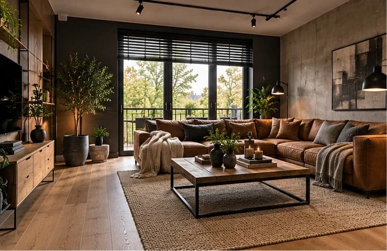 Industriële woonkamer met cognac leren hoekbank, salontafel met zwart stalen frame, betonlook wand en zwarte railspots