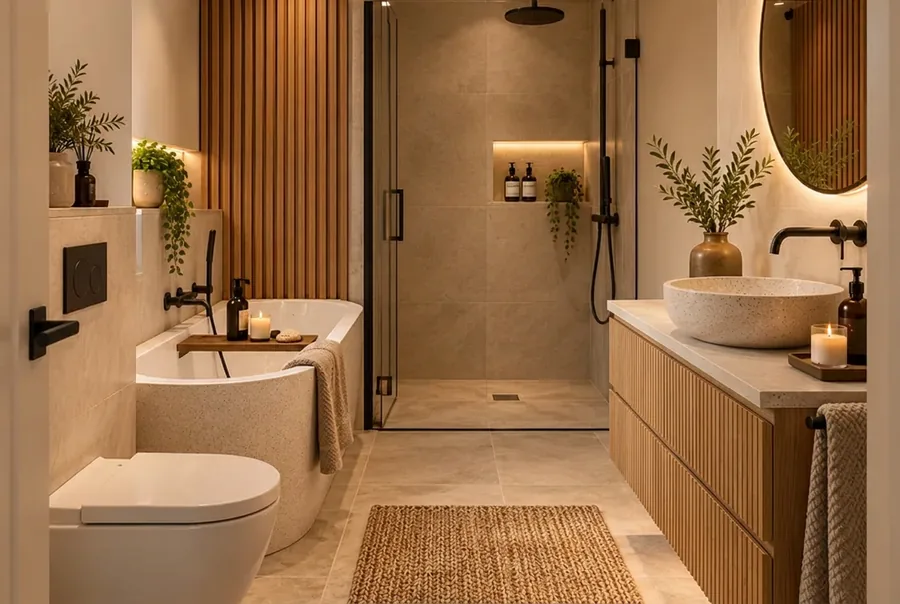 Japandi badkamer met badkamermeubel eiken lamel