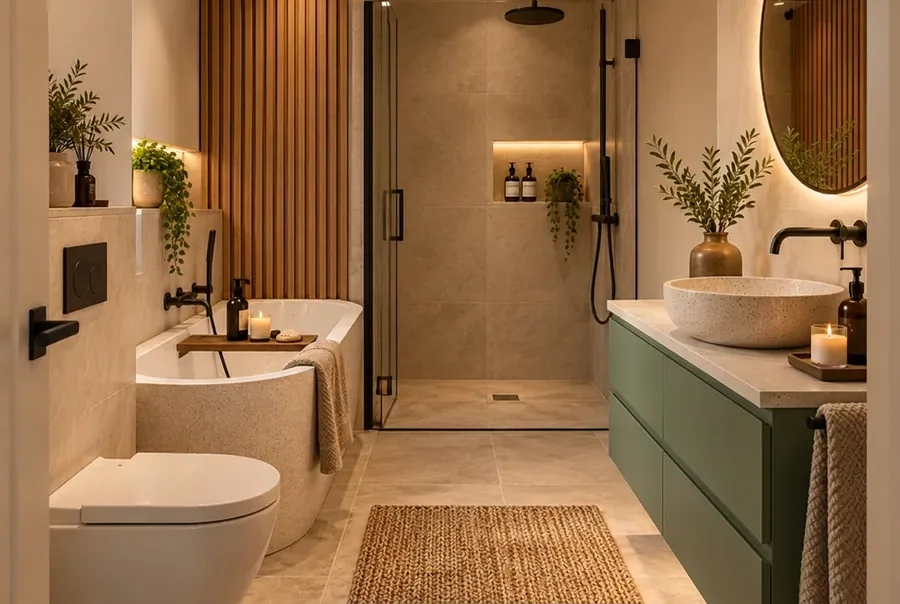 Japandi badkamer met badkamermeubel saliegroen