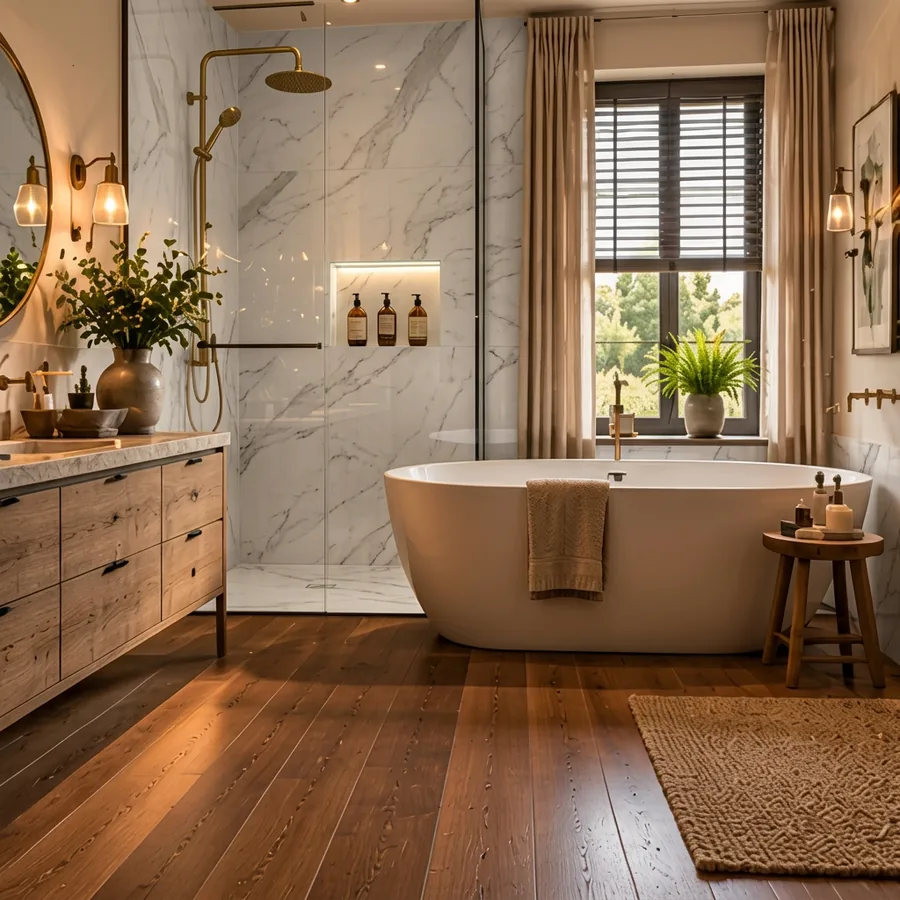 Badkamer met gouden regendouche en carrara