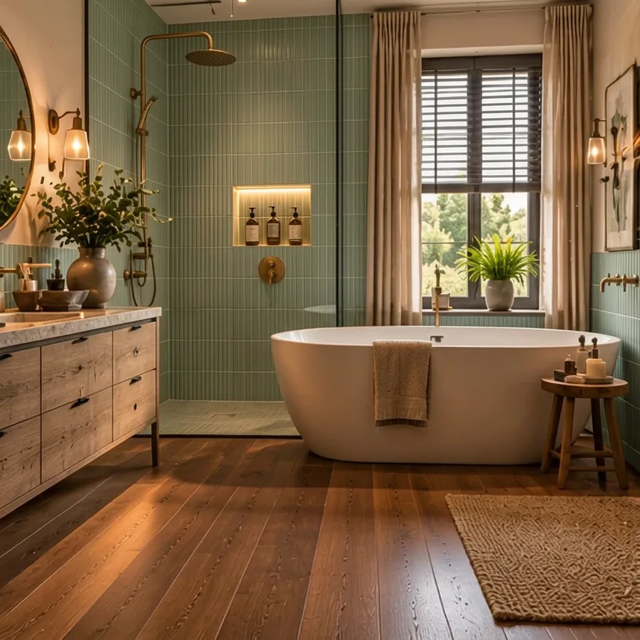 Badkamer met gouden regendouche en saliegroen staaf
