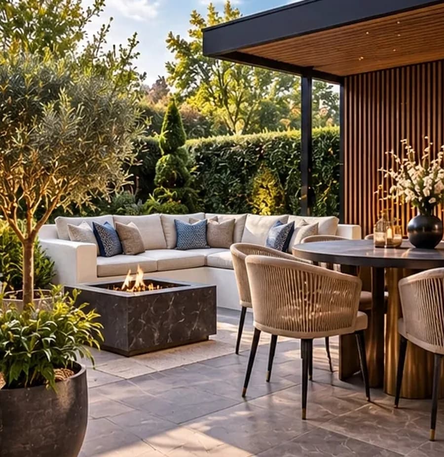 Tuin in Ibiza-sfeer met gemetselde bank