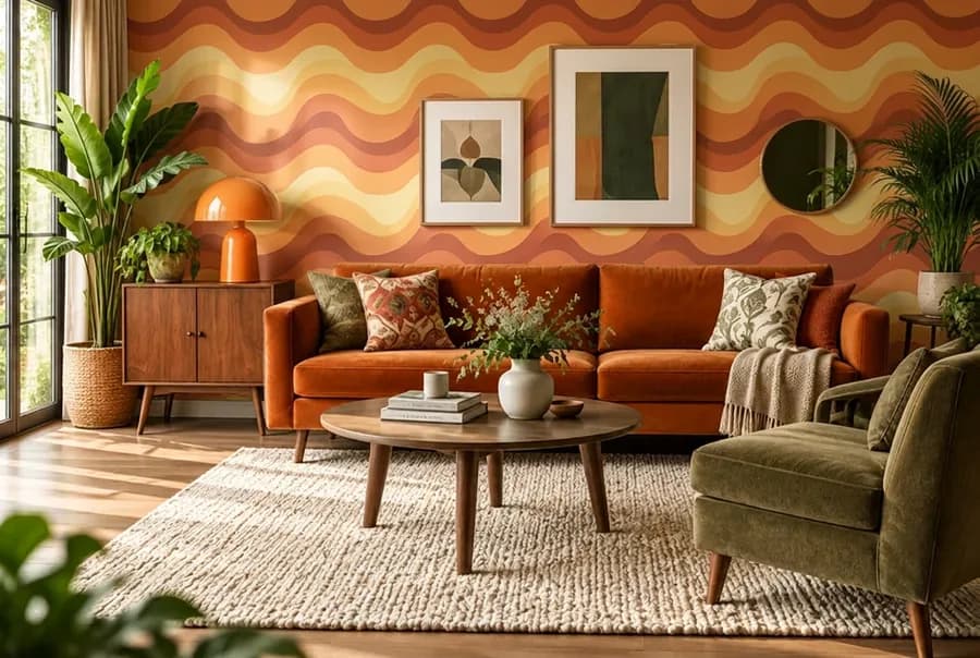Retro woonkamer met retro golven behang