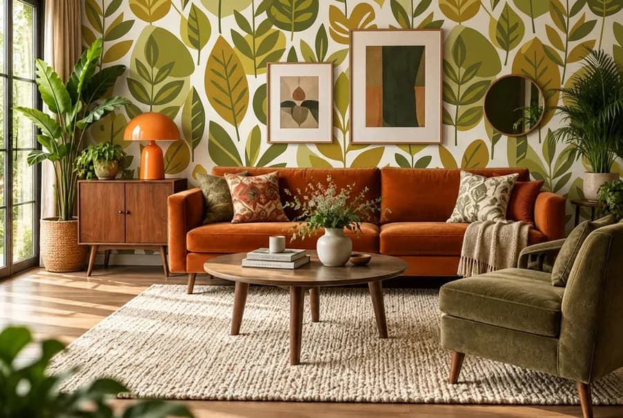 Retro woonkamer met mid-century blad behang