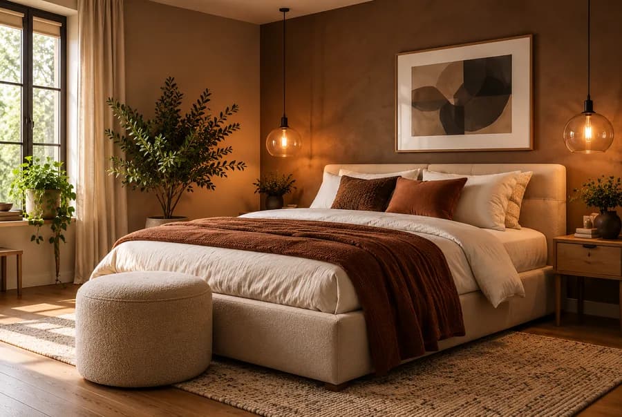 Moderne slaapkamer met gestoffeerd bed, taupe tinten, warm hout en zachte wandverlichting.